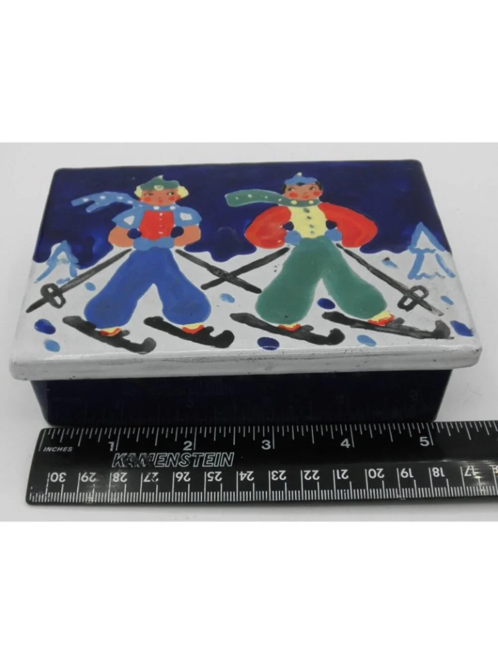 VTG Rectangular Enamel Over Metal Trinket Dresser Box Skiers FLAW CHIPPED ENAMEL